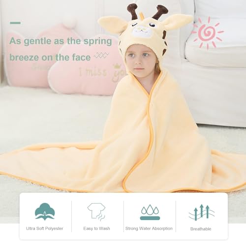 Image of MICHLEY Cartoon Hooded Baby Towel Unisex, Premium Soft Swimming Bathrobe Large Washcloths 31.5 inch x 53 inch for 0-9T (Giraffe)
