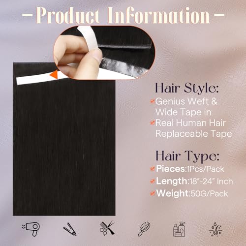 Image of Full Shine Genius Weft Hair Extensions Human Hair, Natural Black 24 Inch | 50g 1 Piece, Wide Hair Extension Tape in, Double Weft Design Silky Straight Texture Thick Ends for Long Styling