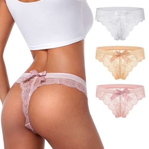 Image of sasiga Women Lace Bow Thongs,T Back Low Waist Panties Sexy V-Shape Design Floral Lace,Breathable Panties for Women 3-Pack