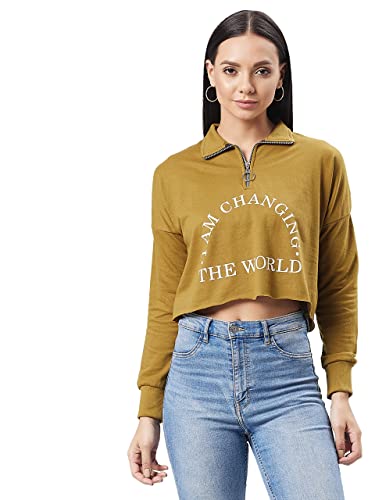 Image of Dolce Crudo Women's Olive Round Neck Full Sleeve Solid Boxy Printed Crop Sweatshirt