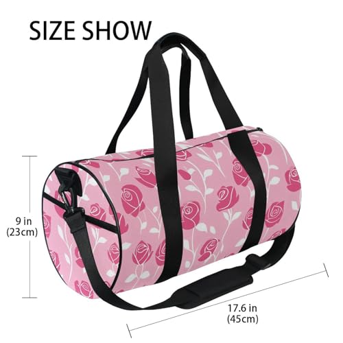 Rose Pink Sports Duffel Bag Barrel Gym Bag with Large Main Compartment, Side Pocket and Zippered Pouch Full Print Design for Fitness Short Trips and Outdoor Sports4