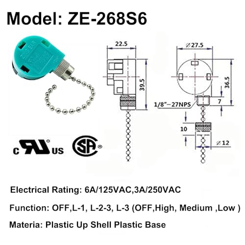 Image of Ceiling Fan Switch 3 Speed 4 Wire Zing Ear ZE 268S6 Pull Chain Switch Control Replacement for 3 Speed Control Switch Ceiling Fans, Wall Lamps, Cabinet Light,Nickel