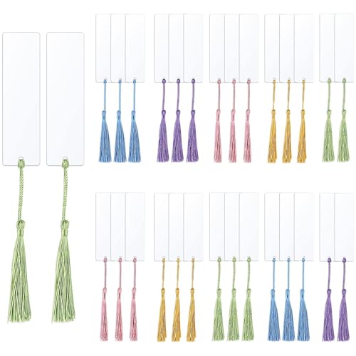 30 Stück Blanko Lesezeichen Set, 12 x 3,2cm Rechteckige Acryl Lesezeichen mit 30 Bunten Quasten Transparente für DIY Projekte Notizbuch Weihnachtsgeschenke