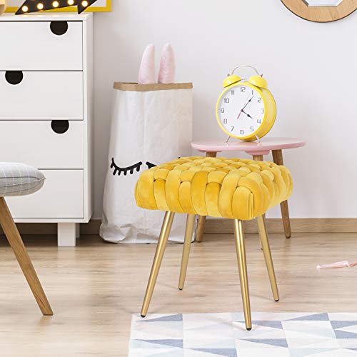 Decent Home Velvet Ottoman Footrest Stool,Tufted Fabric Upholstery Side Table Seat, Vanity Dressing Bench,Knit Lines Chair With Metal Legs For Living Room, Bedroom (Yellow) #TOP1