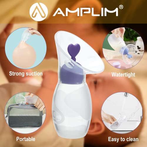 Amplim 2X Food Grade Silicone Breast Pumps 4Oz/100Ml | Manual Breast Pump Milk Collector With Breastfeeding Milk Saver Stopper | Fsa Hsa | Bpa Pvc Lead And Phthalate Free | Blue Purple #TOP1
