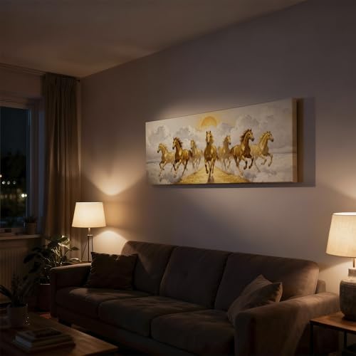 Image of SoulAbiti Vastu Seven Horses Running Golden Path Clouds Unframed 36x14 inches Rolled Canvas Wall Realism Art UV Print Painting for Living Room, Bedroom & Office Decor Premium Gloss Vivid Fade-Resistant Print
