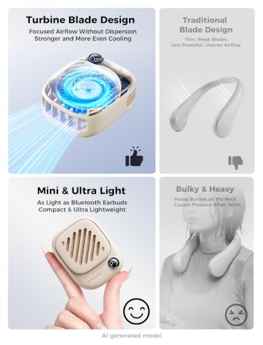 Image of Aecooly Magnetic Neck Fan, Snap On & Go, Mini Portable Hands Free Wearable Fan, USB Rechargeable [10H Max Cooling Time], Personal Battery Powered, Pocket for Travel, Summer, Gifts for Women -Beige
