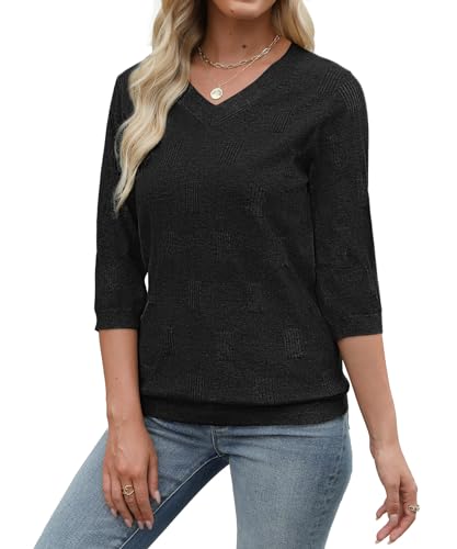 Womens Sweaters 3/4 Sleeve Tops V Neck Shirts Loose Casual Tunic Blouses3