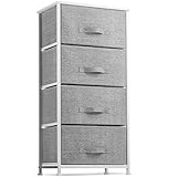 Dresser with 4 Drawers - Tall Storage Tower Unit Organizer for Bedroom, Hallway, Closet, College Dorm - Chest Drawer for Clothes, Steel Frame, Wood Top, Easy Pull Fabric Bins (Gray/White)