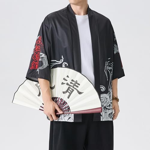 Image of PRIJOUHE Men's Lightweight Kimono Jacket Seven Sleeve Open Front Cardigan Coat Japanese Style Bathrobe