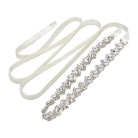 SWEETV Bridal Belt Sash with Rhinestones Wedding Dress Belt Crystal Headband Bride Bridesmaids Sash, Silver, One Size Cover