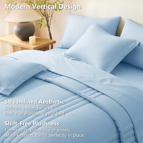 Image of CozyLux King Size Comforter Set Baby Blue - 7 Pieces Bed in a Bag, Modern Vertical Quilted Room Decor, Soft All-Season Bedding Gift with Comforter, Sheets, Pillowcases & Shams