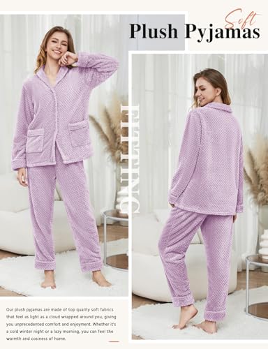 Women's Fleece Pajama Sets with Pockets, Long Sleeves Button Front Warm Pajamas Winter Sleepwear with Notched Collar2