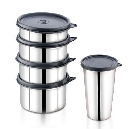 Image of Pigeon Vibe Stainless Steel Lunch Carrier Set of 4 Containers (250ml, 350ml x2 & 500ml) with Leak Proof Lid | Insulated Lunch Bag + Glass with Lid Included | Large Office Tiffin Box