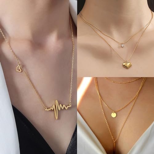 Myofeng 16Pcs Gold Necklaces Set for Women 14k Gold Plated Dainty Trendy Pendant Chain Choker Pack Multilayer Necklace Set for Women Adjustable Jewelry Gift2