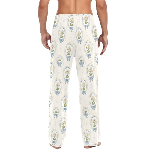 Men's Vintage Flowers Bows Pajama Pants with Pockets - Straight Fit Cotton Sleep Bottoms for Lounge & Nightwear#4753