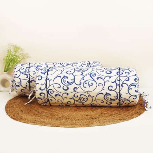Image of AURAVE Cotton 144 TC Printed Bolster Cover with Drawstring Closure, Set of 2, Soft Breathable Durable Machine Washable for Sofa Bed & Home Decor, 15 inchx30 inch, Blue | Cover Only