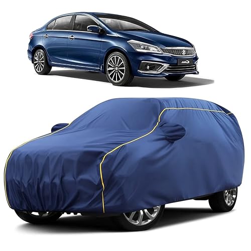Image of Sulfar 100% Water Resistant Car Body Cover Compatible with Mirror for Maruti Suzuki Ciaz (Triple Stitched, Full Bottom Elastic, Blue Taffeta with Yellow Piping)