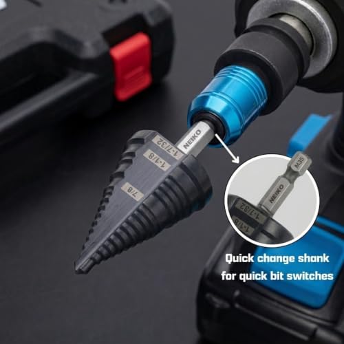 Image of NEIKO 10636B Step Drill Bit, 3 Steps 7 /8 inch to 1-7 /32 inch Straight M35 Cobalt, AlTiSiN Coated, 1 /4 inch Quick Change Step Bits for Steel, Metal, Wood, Plastic, Unibit Cone Drill Bits, Two Flute