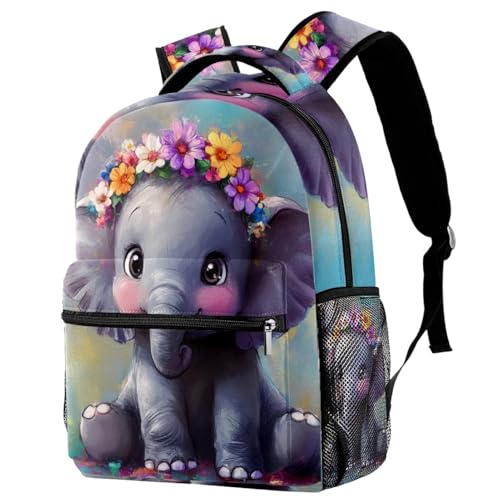 Sac à dos école et voyage multicolore motifs éléphants avec porte-bouteille
