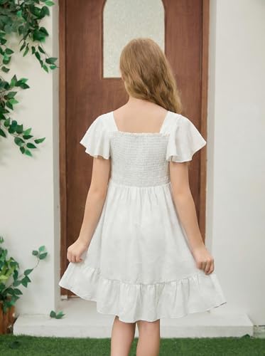 FREELYVE Tween Girls Summer Floral Dress Smocked Ruffle Sleeve Beach Party Boho Flowy Dresses with Pockets,White,14Y — view 2