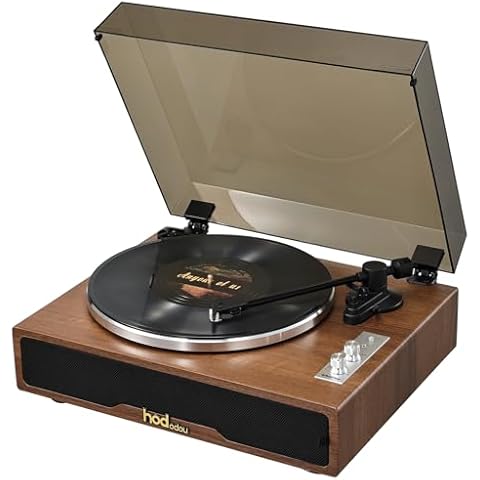 Hododou High Fidelity Belt Drive Turntable with Built-in Speakers Vinyl Record Player with Magnetic Cartridge Bluetooth Playback Aux-in Functionality Auto Off Headphone Jack Vintage Turntable Walnut Cover