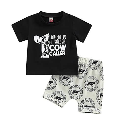 Image of Muasaaluxi Western Baby Boy Summer Clothes Cow Print Short Sleeve T-Shirt Casual Shorts Toddler Boy Outfits 0-3T
