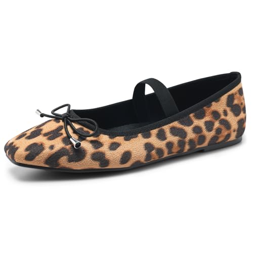 MaxMuxun Ballet Flats for Women Leopard Flats Closed Square Toe Mary Jane Shoes with Bow Elastic Strap Flats Shoes Women Dressy Comfortable Slingback Flats Leopard Size 8