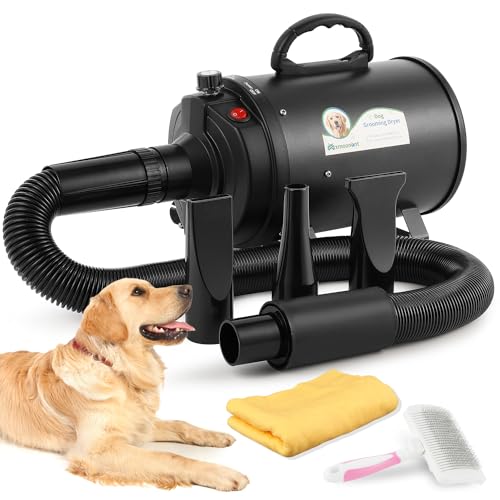 Mxmoonant Soffiatore per Cani 2400W, Velocità e Temperatura Regolabili, Soffiatore Alta Velocità con 4 Bocchette, Spazzola Slicker e Asciugamano, per Casa e Toelettatura