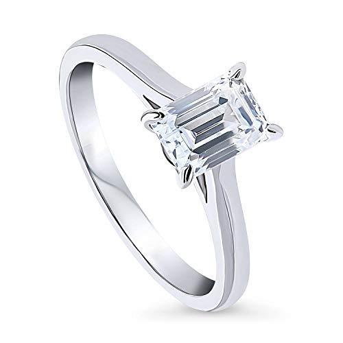 BERRICLE Rhodium Plated Sterling Silver Solitaire Promise Engagement Ring Made with Swarovski Zirconia Emerald Cut 1.1 CTW Size 5