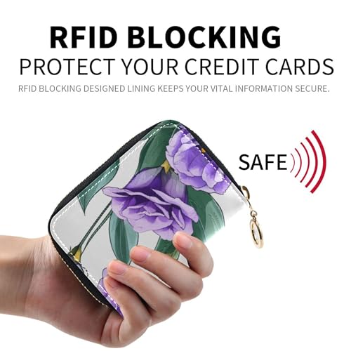 RFID Blocking Credit Card Wallets Cute Small Wallets for Women Zip Around Zipper Wallet with Coin Pocket Elegant Purple Floral Leaves White2