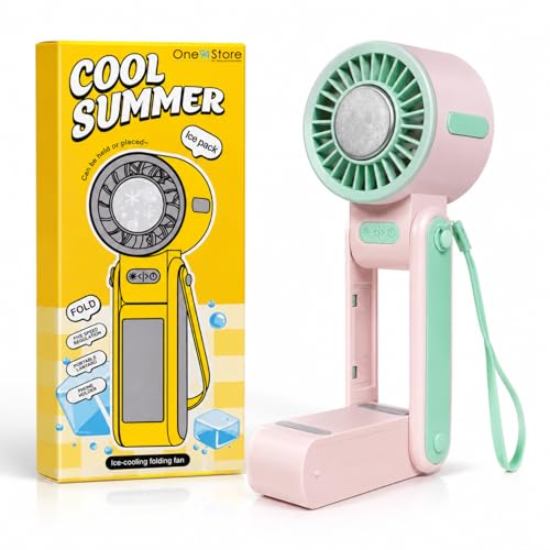 Image of One94Store Ice Cooling Folding Fan, 1800mAh Rechargeable Mini Fan, 5-Speed Portable Hand Fan with Phone Holder, Adjustable Wind Direction, Foldable Design, USB-C Charging, Lanyard Included, Pink