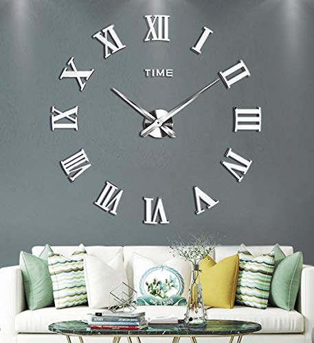 Image of Large DIY Wall Clock Kit, 3D Frameless Wall Clock with Mirror Number Stickers for Home Living Room Bedroom Office Decoration-Silver 021