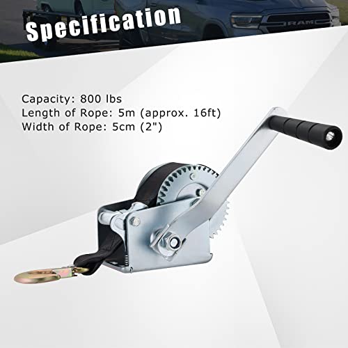 ATPEAM Boat Trailer Winch, Heavy Duty Hand Winch with 5m Black Strap Gear Hand Winch with Crank Handle, Manual Winch for Towing (800LBS) - Image 2