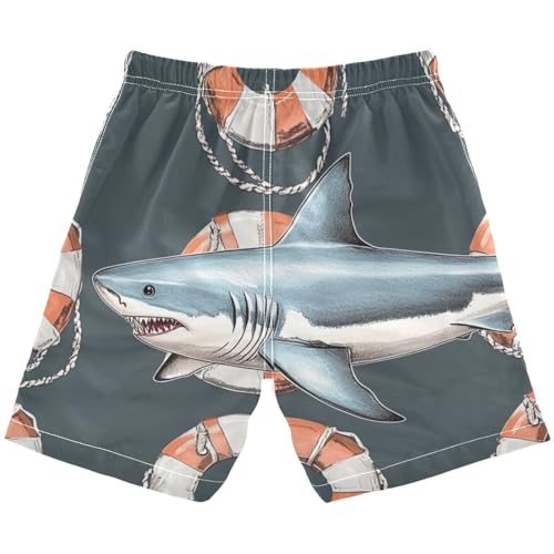 Boys Beach Board Shorts Shark Fish Life Buoy Swim Trunk Teen Swimwear2