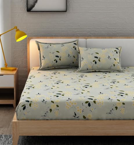 Image of 380 TC Premium Glace Cotton Elastic Fitted Bedsheet King Size with 2 Pillow Covers King Size | Double Bed with All Around Elastic (GREENL, Fitted - 72 inchx78 inch King)