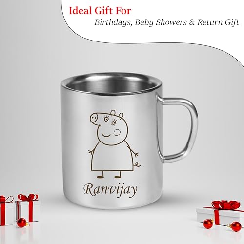 Image of SAVRI Personalized Stainless Steel Mug for Kids with Customized Name Engraved & Cartoon Design | 220 ml Double Wall Insulated Mug for School, Milk, Juice & Water