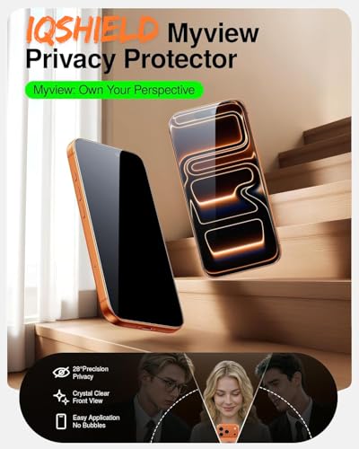Image of IQShield My-View Privacy Screen Protector Tempered Glass Guard for iPhone 17 Pro Max, 9H Hardness, 2-Way Anti-Spy, Case Friendly [1 Pack]