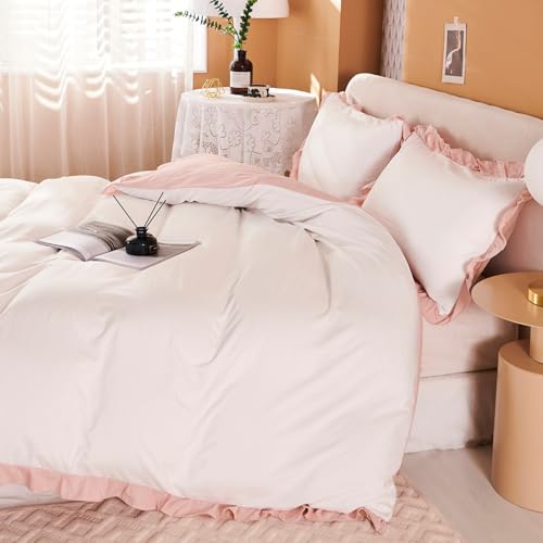 Freyamy Mädchen Bettwäsche 220x240 Weiß Rosa Uni Rüschen Bettwäsche Set – Ansicht 3