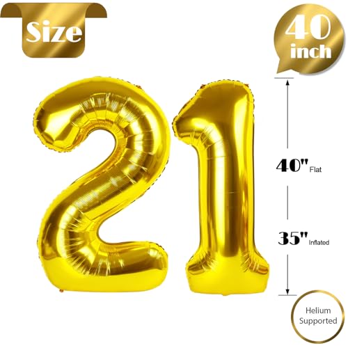 Image of Gold Number 21 Balloon 40 inch, 21 Number Balloons, 21st Gold Birthday Decorations, 21 Year Old Women Men Golden Party Supplies