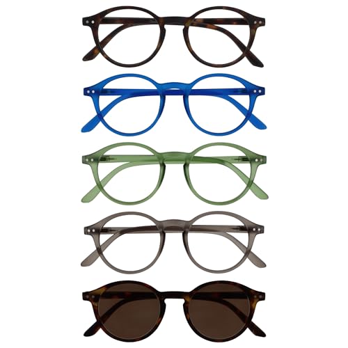 OPULIZE REY Gafas de Lectura + Lectura Solares - Pack de 5 - Montura Redonda - Marrón Mate, Azul, Verde, Gris, Marrón - Hombre Mujer - RRRRS56-23672 - +1.50