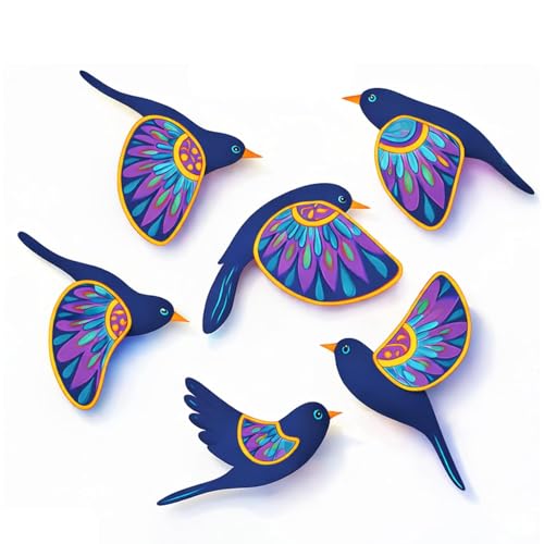 Image of DAKSHESTRY ARTWORKS Colorful Bird Wall Art Set | Premium MDF 3D Wall Decor | Easy Stick, Strong & Durable | Modern Home Decor Set of 6 Wooden Flying Birds