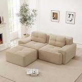 Sofá de esquina de 2 plazas, sofá modular sin marco de compresión al vacío con puf, 2 cojines, relleno de espuma 32D de alta densidad, sin montaje, beige (asiento prof. 74 + reposabrazos ancho. 30)