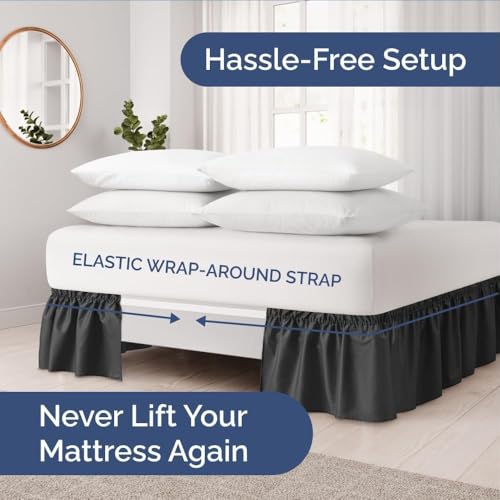 Image of Bed Skirt - Wrap Around Dust Ruffle Bed Frame Cover with Easy Fit Elastic Strap, Double Size 12 Inch Inch Drop, Microfiber Pleated, Machine Washable | Black, (72inchx72inch)