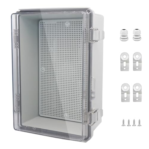 IP67 Waterproof Junction Box, ABS Plastic Electrical Enclosure with Stainless Steel Latch, Hinged Cover Electric Box with Mounting Plate, Wall Brackets &amp; Cable Glands 300x200x130