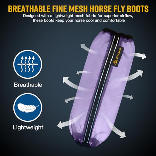 Image of Fly Boots for Horses Set of 4,Universal Size Fine Mesh Horse Fly Boots with Built-in Metal Support,Fly Leggings for Horses with Fleece Trimming and Reflective Webbing (Purple)