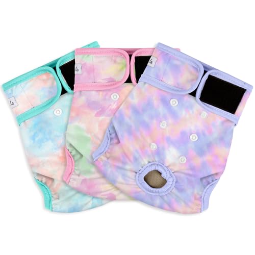 Image of 3 Pack Female Dog Diapers - Reusable Diapers for Doggie in Heat - Highly Absorbent Dog Diapers Female for Pet Incontinence with Adjustable Snaps (Tie Dye, S)