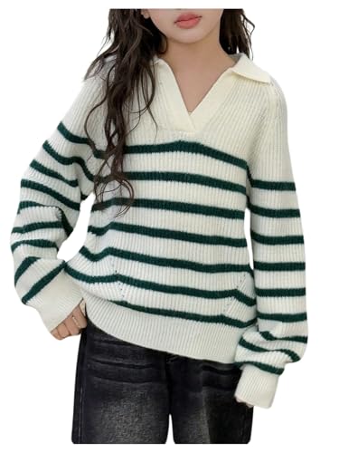 Floerns Girl's Cute Striped Sweater Loose Fit Long Sleeve Collar Pullover Tops