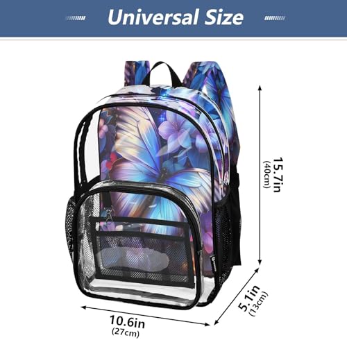 Neon Blue Butterfly Floral Print Clear Backpack Heavy Duty See Through Transparent PVC BookBag for Kids Boy Girl School Work4