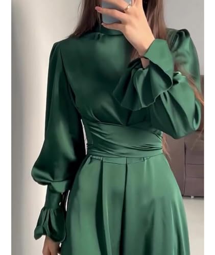 xxxiticat Women's Green Satin Dress Long Lantern Sleeve Mock Neck Puff Shoulder Tie Waist Pleated Cocktail Maxi Slip Dresses3